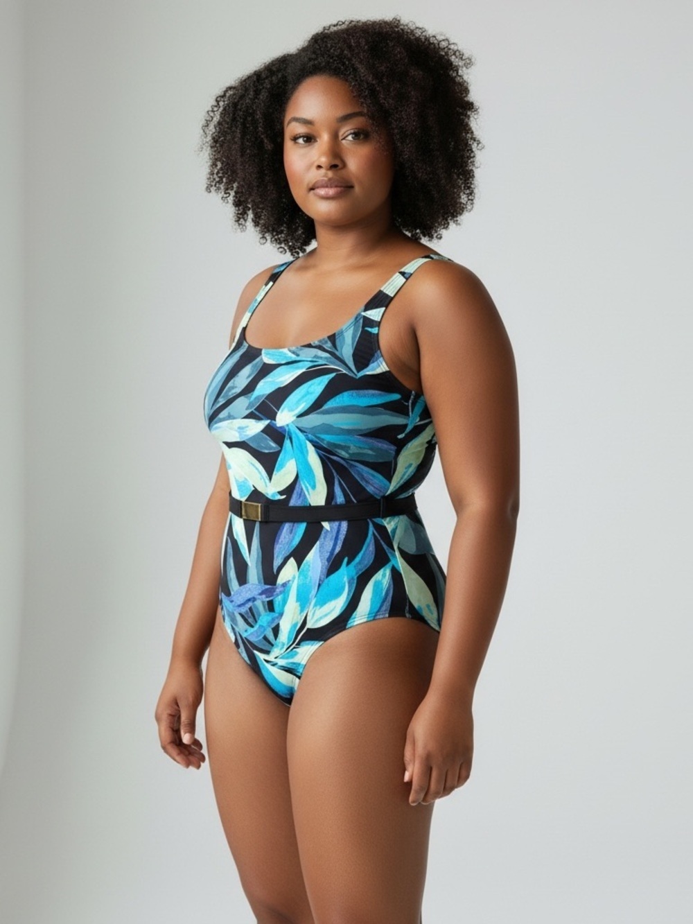Mynah - Blue Leaf Print One-Piece Swimsuit & Pant Combo